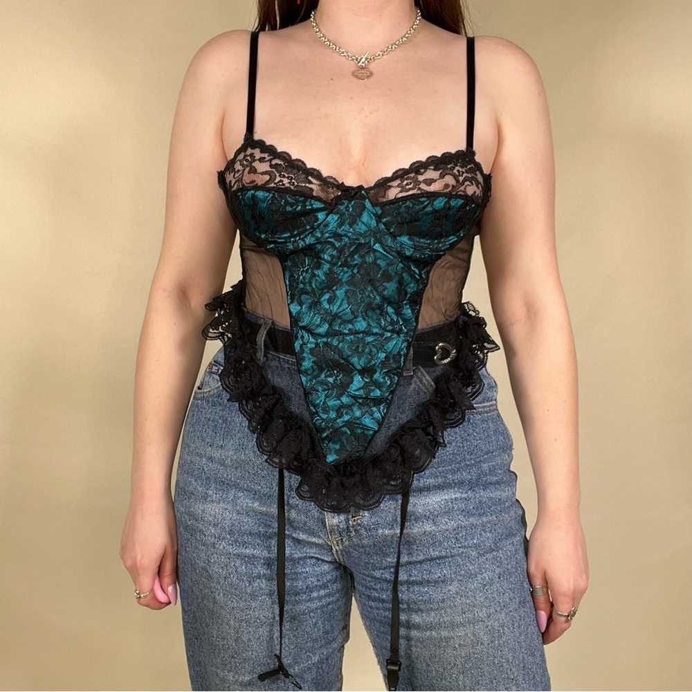 Vintage 80s teal and black lace lingerie